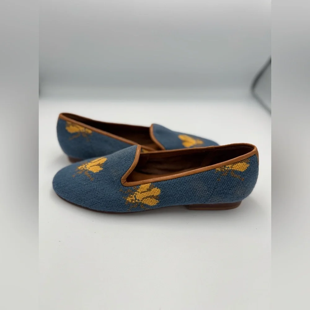 Zalo Blue Floral Needlepoint Loafers with Tan Trim